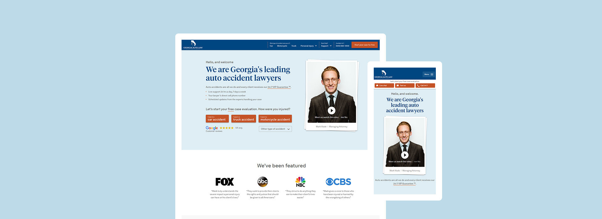 Mobile and desktop designs for Georgia Auto Law's WordPress Lead Capture Website.