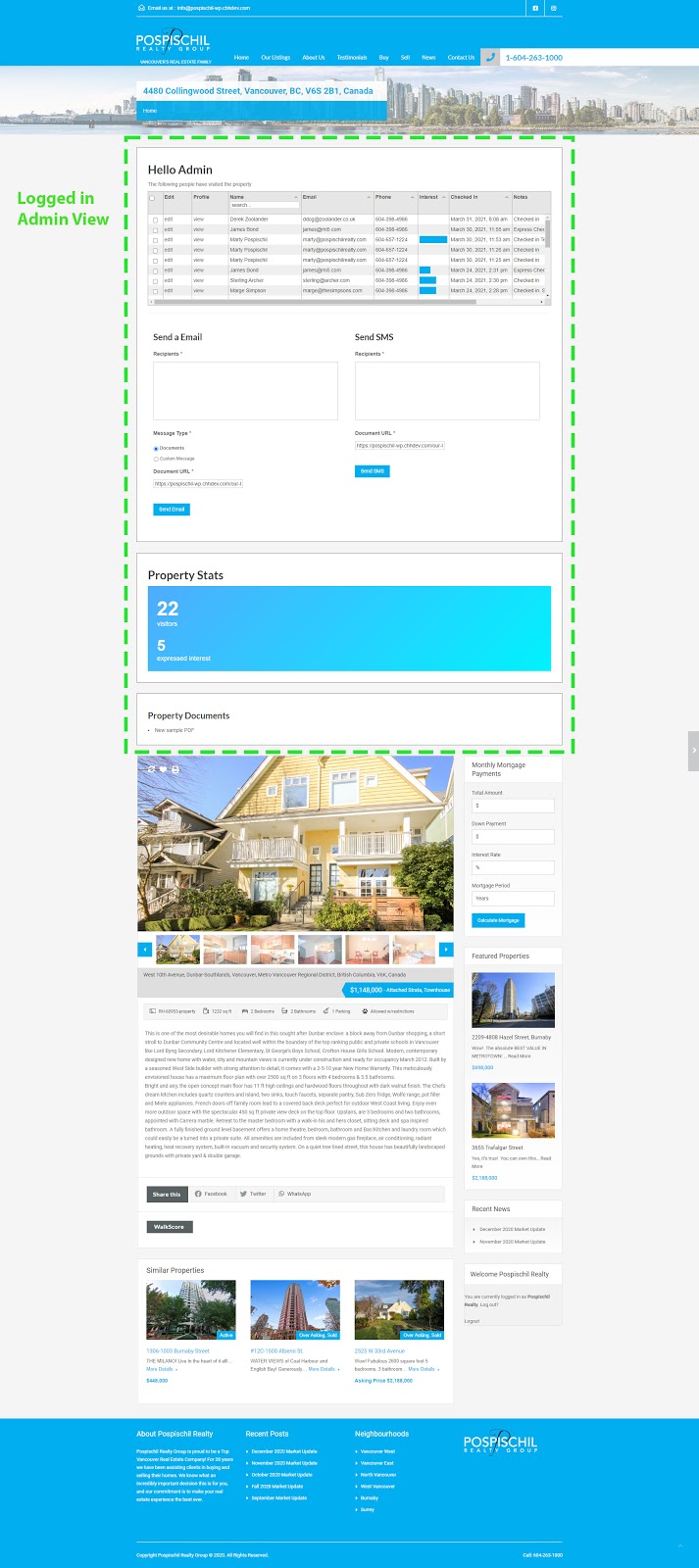 Logged in real estate agent on the custom WordPress plugin