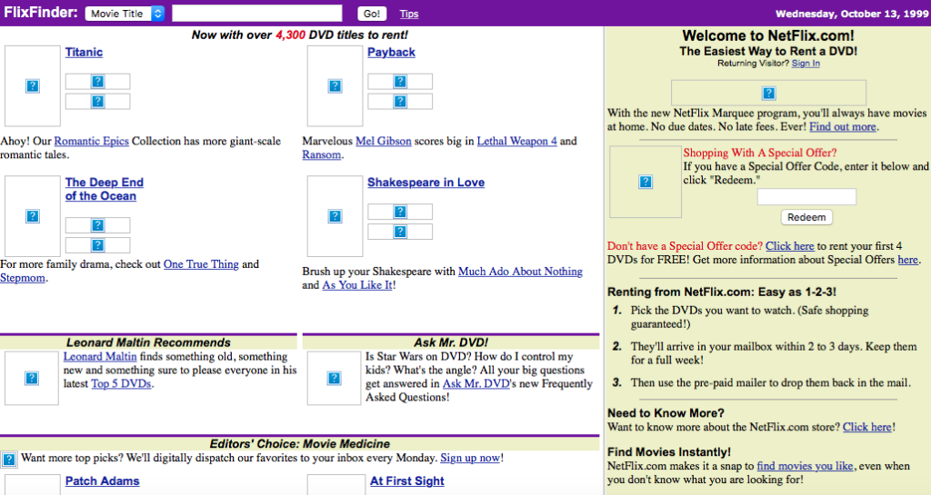 WCAG and ADA compliance is a moving target. This image showcases the usability and accessibility issues of Netflix.com in 1999. 
